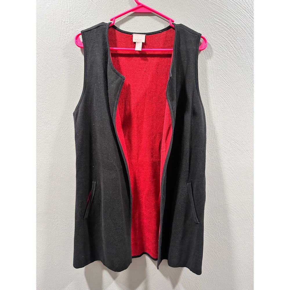 Chicos Womens Size 1 Black Red Knit Open Front Longline Sweater Vest Pockets